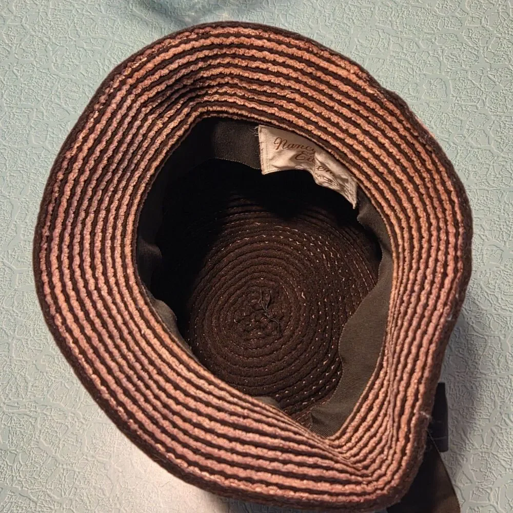 Vintage 1950s Nancy Eileen Modes Fabric Bucket Cloche Hat Brown Striped Small